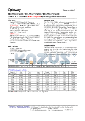 TRS-53160-CXX0G datasheet - CWDM 3.3V / 622 Mbps RoHS Compliant Optical Single-Mode Transceiver