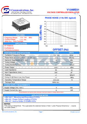 V139ME01 datasheet - LOW COST - HIGH PERFORMANCE VOLTAGE CONTROLLED OSCILLATOR