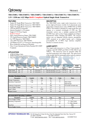 TRS-5340AG datasheet - 3.3V / 1550 nm / 622 Mbps RoHS Compliant Optical Single-Mode Transceiver