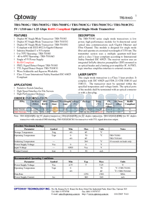 TRS-7010AG datasheet - 5V / 1310 nm / 1.25 Gbps RoHS Compliant Optical Single-Mode Transceiver