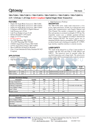 TRS-7120AG datasheet - 3.3V / 1310 nm / 1.25 Gbps RoHS Compliant Optical Single-Mode Transceiver