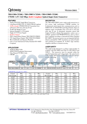 TRS-5380-CXX0G datasheet - CWDM 3.3V / 622 Mbps RoHS Compliant Optical Single-Mode Transceiver