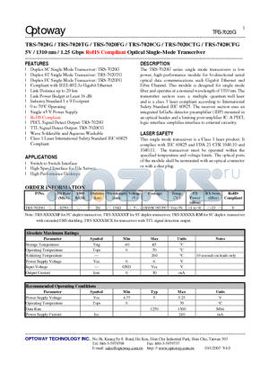 TRS-7020G datasheet - 5V / 1310 nm / 1.25 Gbps RoHS Compliant Optical Single-Mode Transceiver