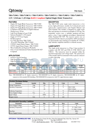 TRS-7130AG datasheet - 3.3V / 1310 nm / 1.25 Gbps RoHS Compliant Optical Single-Mode Transceiver