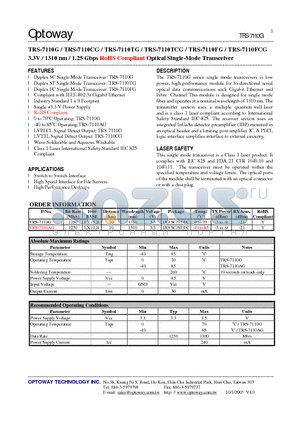 TRS-7110AG datasheet - 3.3V / 1310 nm / 1.25 Gbps RoHS Compliant Optical Single-Mode Transceiver