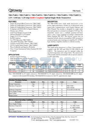 TRS-7140G datasheet - 3.3V / 1310 nm / 1.25 Gbps RoHS Compliant Optical Single-Mode Transceiver