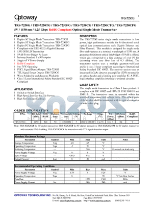 TRS-7250G datasheet - 5V / 1550 nm / 1.25 Gbps RoHS Compliant Optical Single-Mode Transceiver