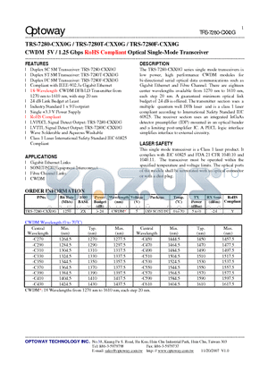 TRS-7280-CXX0G datasheet - CWDM 5V / 1.25 Gbps RoHS Compliant Optical Single-Mode Transceiver