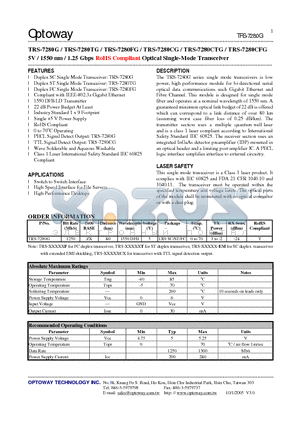 TRS-7280G datasheet - 5V / 1550 nm / 1.25 Gbps RoHS Compliant Optical Single-Mode Transceiver