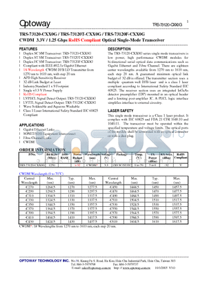 TRS-73120-CXX0G datasheet - CWDM 3.3V / 1.25 Gbps RoHS Compliant Optical Single-Mode Transceiver