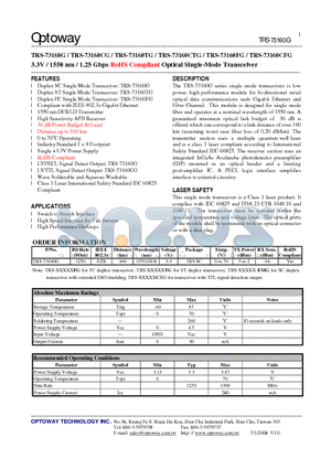 TRS-73160G datasheet - 3.3V / 1550 nm / 1.25 Gbps RoHS Compliant Optical Single-Mode Transceiver