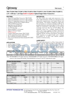 TRS-73120G datasheet - 3.3V / 1550 nm / 1.25 Gbps RoHS Compliant Optical Single-Mode Transceiver