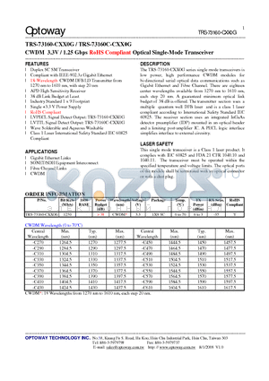 TRS-73160-CXX0G datasheet - CWDM 3.3V / 1.25 Gbps RoHS Compliant Optical Single-Mode Transceiver