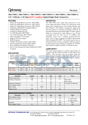 TRS-7350AG datasheet - 3.3V / 1550 nm / 1.25 Gbps RoHS Compliant Optical Single-Mode Transceiver