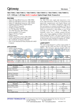 TRS-7350G datasheet - 3.3V / 1550 nm / 1.25 Gbps RoHS Compliant Optical Single-Mode Transceiver