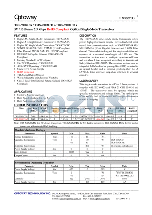TRS-9002CAG datasheet - 5V / 1310 nm / 2.5 Gbps RoHS Compliant Optical Single-Mode Transceiver