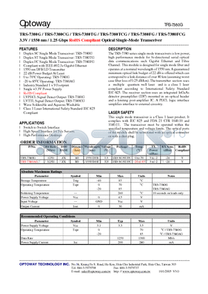 TRS-7380AG datasheet - 3.3V / 1550 nm / 1.25 Gbps RoHS Compliant Optical Single-Mode Transceiver