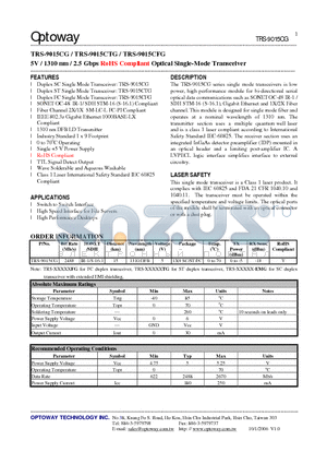 TRS-9015CG datasheet - 5V / 1310 nm / 2.5 Gbps RoHS Compliant Optical Single-Mode Transceiver