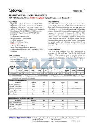 TRS-9115CG datasheet - 3.3V / 1310 nm / 2.5 Gbps RoHS Compliant Optical Single-Mode Transceiver