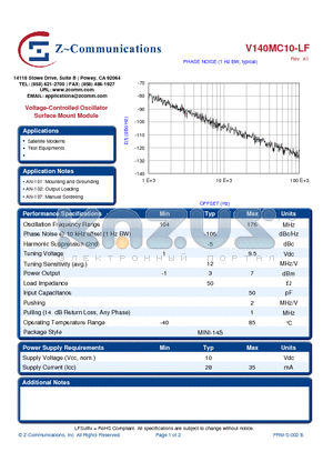 V140MC10-LF datasheet - Voltage-Controlled Oscillator Surface Mount Module