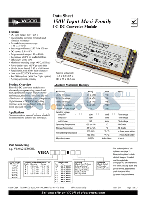 V150A12C500BF datasheet - 150V Input Maxi Family DC-DC Converter Module