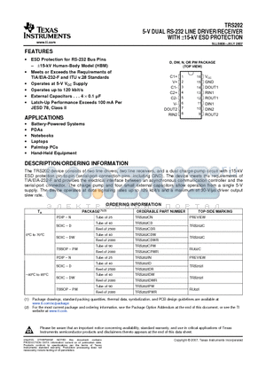 TRS202IDR datasheet - 5-V DUAL RS-232 LINE DRIVER/RECEIVER WITH a15-kV ESD PROTECTION