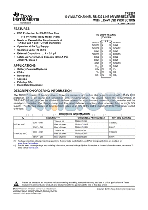 TRS207CDBR datasheet - 5-V MULTICHANNEL RS-232 LINE DRIVER/RECEIVER WITH a15-kV ESD PROTECTION