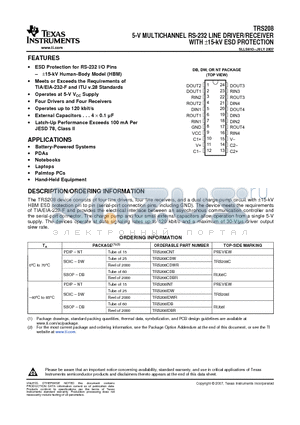 TRS208CDWR datasheet - 5-V MULTICHANNEL RS-232 LINE DRIVER/RECEIVER WITH a15-kV ESD PROTECTION