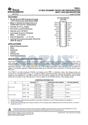 TRS211IDB datasheet - 5-V MULTICHANNEL RS-232 LINE DRIVER/RECEIVER WITH a15-kV ESD PROTECTION