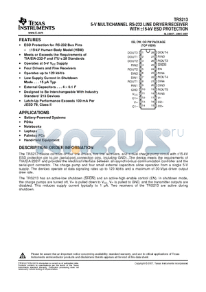 TRS213CPWR datasheet - 5-V MULTICHANNEL RS-232 LINE DRIVER/RECEIVER WITH a15-kV ESD PROTECTION