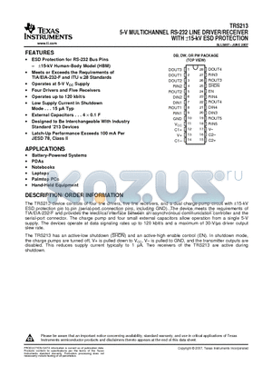 TRS213IDW datasheet - 5-V MULTICHANNEL RS-232 LINE DRIVER/RECEIVER WITH a15-kV ESD PROTECTION