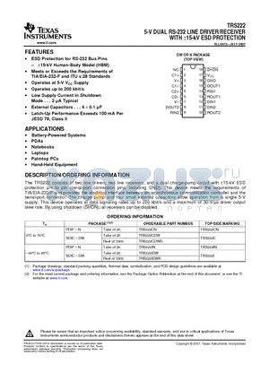 TRS222IDWG4 datasheet - 5-V DUAL RS-232 LINE DRIVER/RECEIVER WITH a15-kV ESD PROTECTION