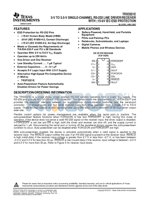 TRS3221E datasheet - 3-V TO 5.5-V SINGLE-CHANNEL RS-232 LINE DRIVER/RECEIVER WITH a15-kV IEC ESD PROTECTION