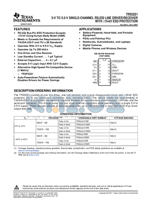 TRS3221CDBRG4 datasheet - 3-V TO 5.5-V SINGLE-CHANNEL RS-232 LINE DRIVER/RECEIVER WITH a15-kV ESD PROTECTION