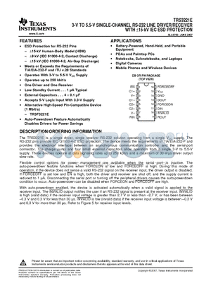 TRS3221ECPWG4 datasheet - 3-V TO 5.5-V SINGLE-CHANNEL RS-232 LINE DRIVER/RECEIVER WITH a15-kV IEC ESD PROTECTION