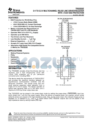 TRS3222EIRHLR datasheet - 3-V TO 5.5-V MULTICHANNEL RS-232 LINE DRIVER/RECEIVER WITH a15-kV ESD PROTECTION