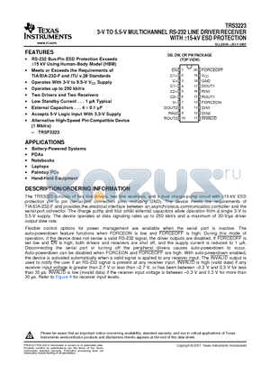 TRS3223 datasheet - 3-V TO 5.5-V MULTICHANNEL RS-232 LINE DRIVER/RECEIVER WITH a15-kV ESD PROTECTION