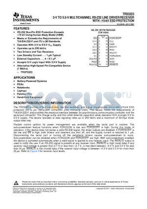 TRS3223IDWRG4 datasheet - 3-V TO 5.5-V MULTICHANNEL RS-232 LINE DRIVER/RECEIVER WITH a15-kV ESD PROTECTION