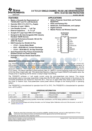 TRS3227ECDBG4 datasheet - 3-V TO 5.5-V SINGLE-CHANNEL RS-232 LINE DRIVER/RECEIVER WITH a15-kV IEC ESD PROTECTION