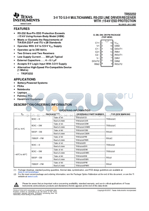 TRS3232 datasheet - 3-V TO 5.5-V MULTICHANNEL RS-232 LINE DRIVER/RECEIVER WITH a15-kV ESD PROTECTION