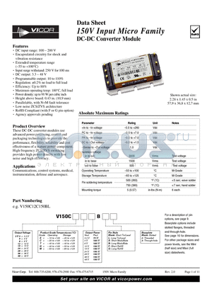 V150C12H150BF datasheet - 150V Input Micro Family DC-DC Converter Module