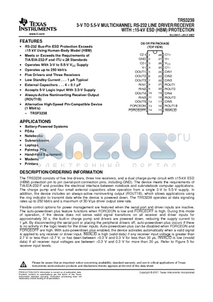 TRS3238CDBR datasheet - 3-V TO 5.5-V MULTICHANNEL RS-232 LINE DRIVER/RECEIVER WITH a15-kV ESD (HBM) PROTECTION