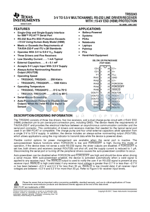 TRS3243 datasheet - 3-V TO 5.5-V MULTICHANNEL RS-232 LINE DRIVER/RECEIVER WITH a15-kV ESD (HBM) PROTECTION