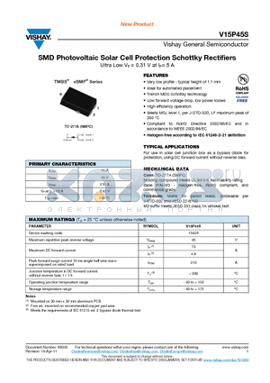 V15P45S datasheet - SMD Photovoltaic Solar Cell Protection Schottky Rectifiers