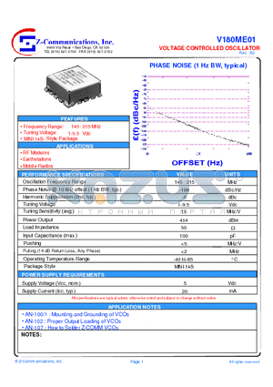 V180ME01 datasheet - VOLTAGE CONTROLLED OSCILLATOR