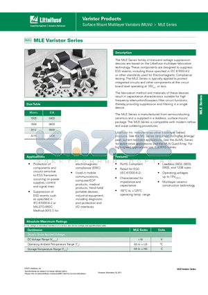 V18MLE0603LN datasheet - Surface Mount Multilayer Varistors