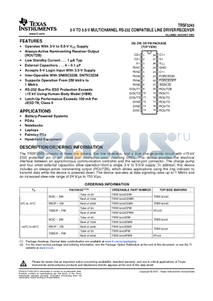 TRSF3243CPW datasheet - 3-V TO 5.5-V MULTICHANNEL RS-232 COMPATIBLE LINE DRIVER/RECEIVER