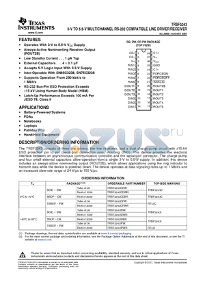 TRSF3243IDBR datasheet - 3-V TO 5.5-V MULTICHANNEL RS-232 COMPATIBLE LINE DRIVER/RECEIVER