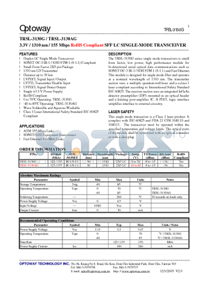 TRSL-3130AG datasheet - 3.3V / 1310 nm / 155 Mbps RoHS Compliant SFF LC SINGLE-MODE TRANSCEIVER
