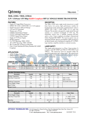 TRSL-3150AG datasheet - 3.3V / 1310 nm / 155 Mbps RoHS Compliant SFF LC SINGLE-MODE TRANSCEIVER